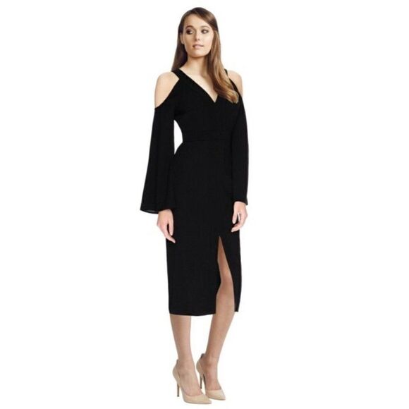 NWT KEEPSAKE THE LABEL XS COLD SHOULDER BELL SLEEVE MIDI DRESS IN BLACK $199 - Picture 1 of 8
